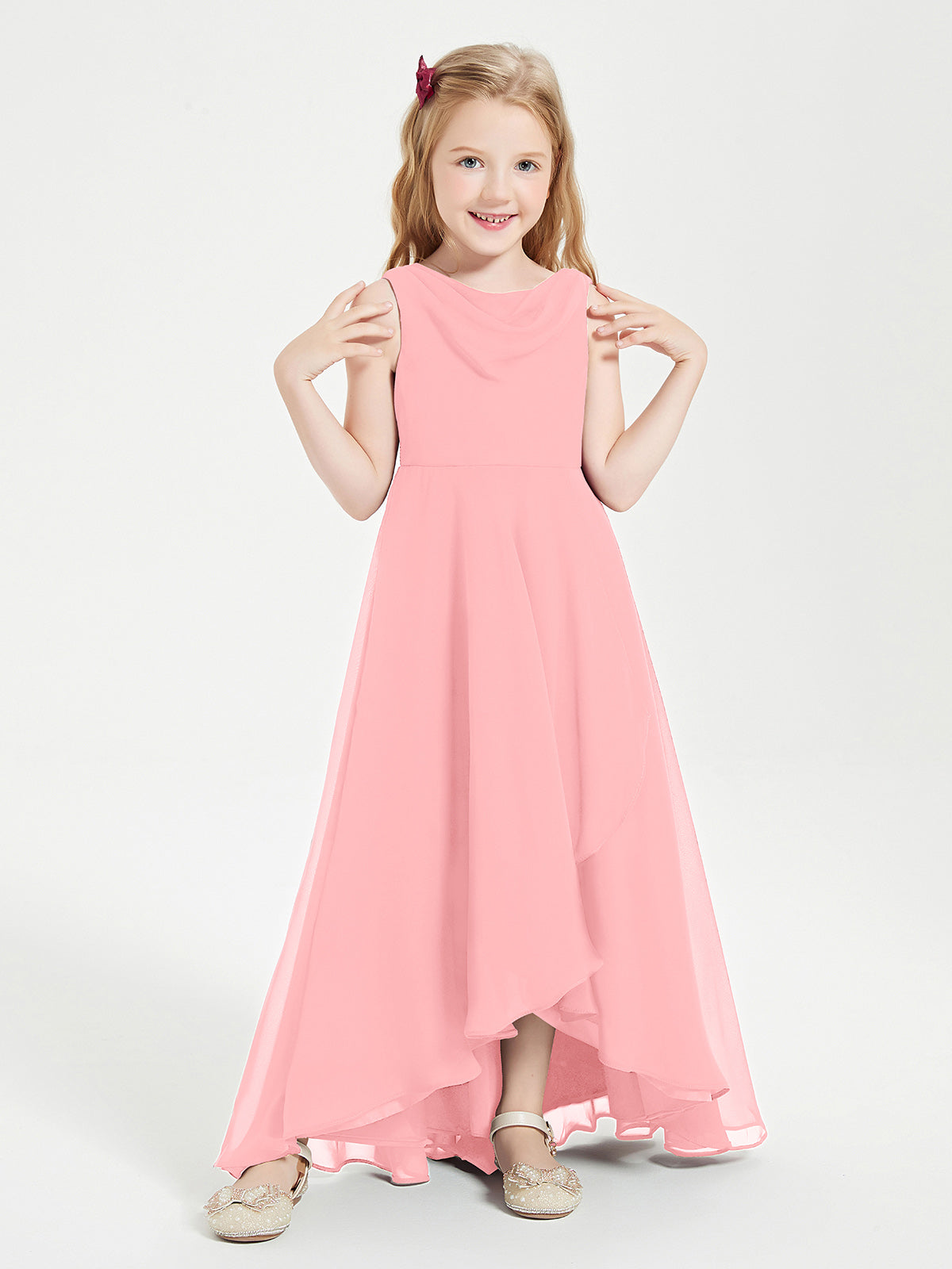 Modern Asymmetrical Cowl Neck Junior Bridesmaid Dresses Flamingo